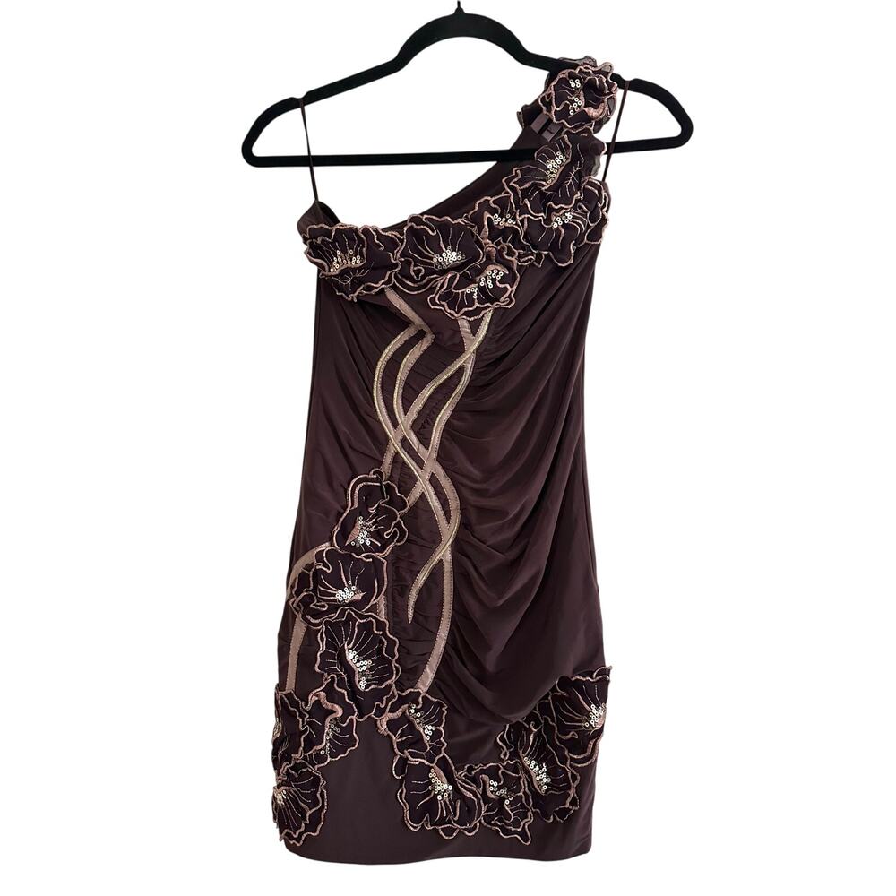 SEAM One-Shoilder Sequin Floral Bodycon Applique Plum Mini Dress Back Cut-Out